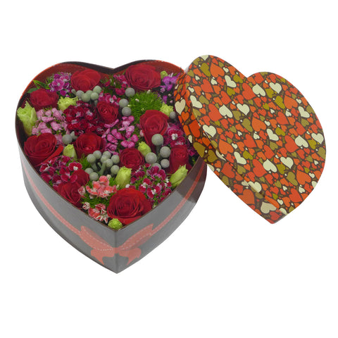 Red Roses with Matching Greens in a Heart-shaped Box